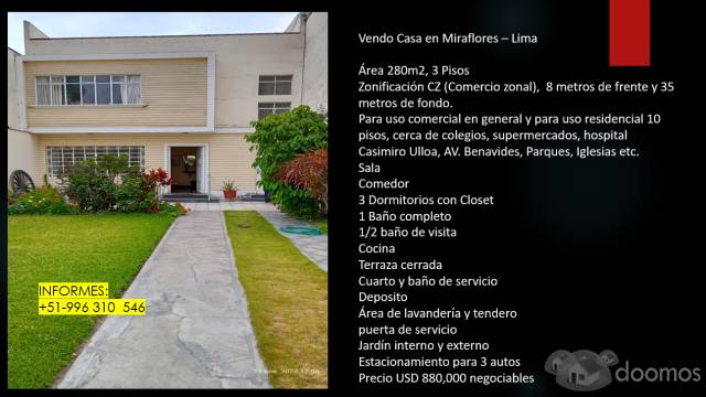 Vendo casa en Av. Republica de Panamá Miraflores - Lima  Área 280m2