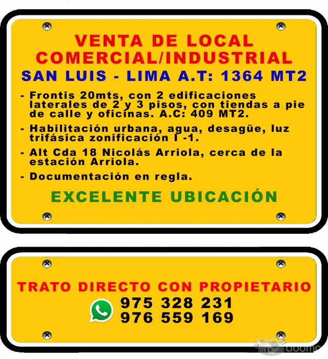 VENTA DE LOCAL COMERCIAL/INDUSTRIAL EN SAN LUIS - LIMA