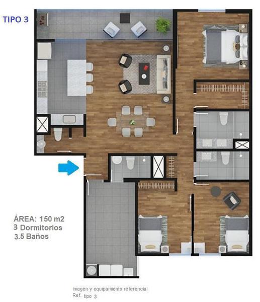 Vendo Departamento 3 dormitorios	, terraza y 1 cochera doble lineal