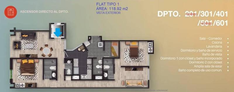 Venta Departamento Flat, 2 dormitorios opción a 3 C/B de servicio